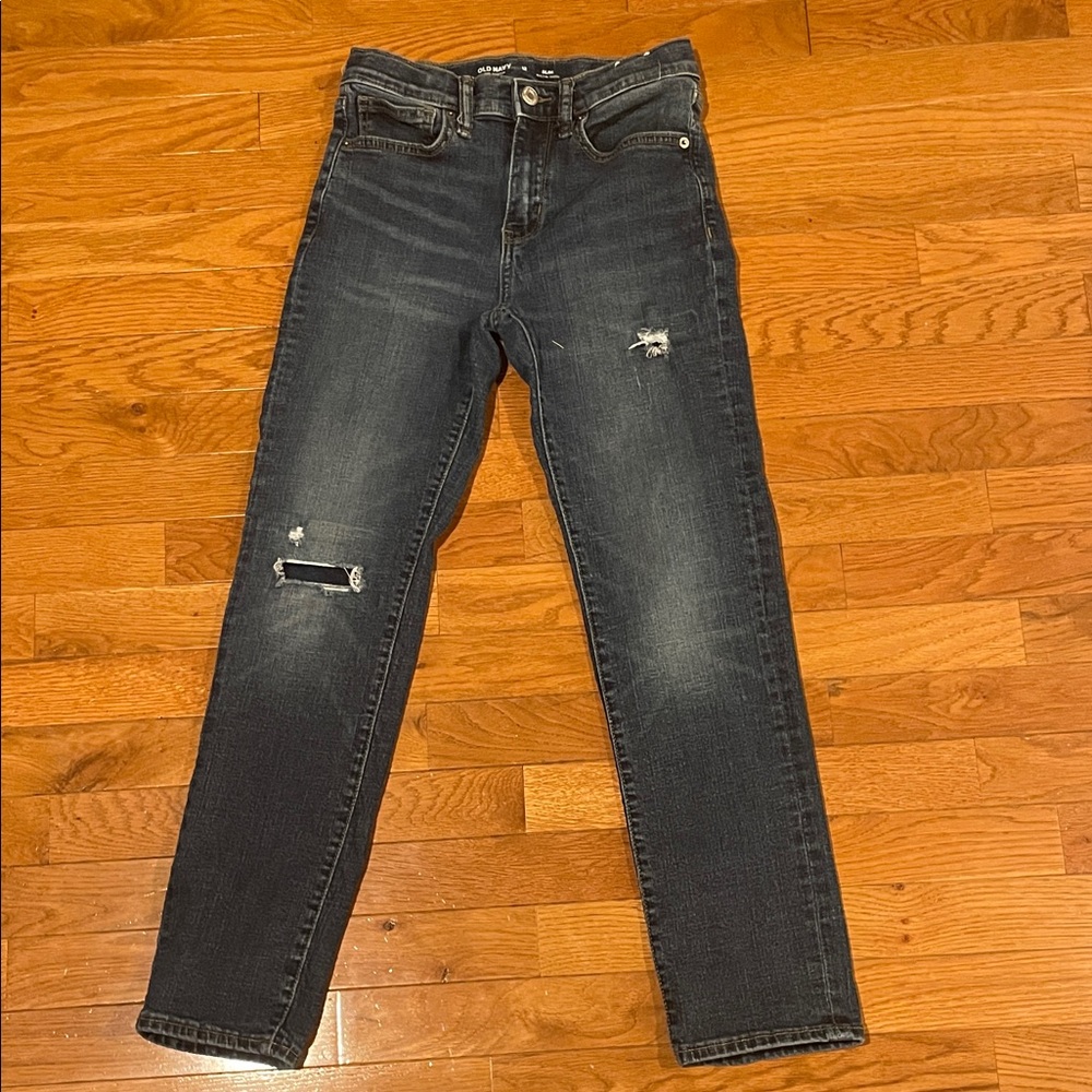 Old Navy 360° Stretch, Built-In Tough, Dark Wash, Distressed Jeans Size 12 slim